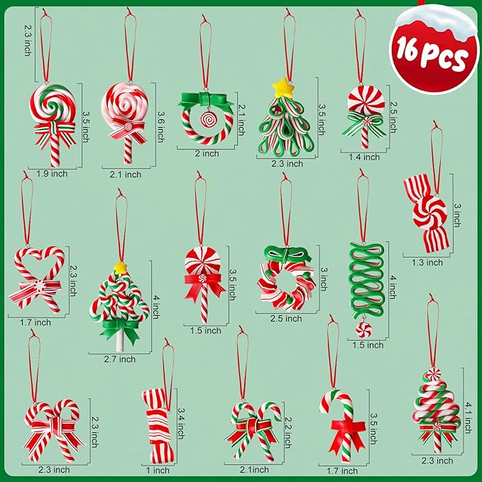 16 PCS Candy Cane Ornaments for Christmas Tree,Polymer Clay Candy Cane Christmas Decorations,Lollipop Ornaments for Xmas Tree Party Hanging Decor Holiday Decorations