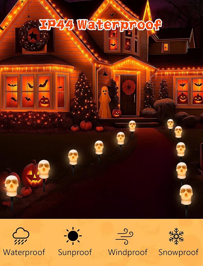 Halloween Pathway Lights Outdoor – Connectable Skull Lights Outdoor with LED C7 Bulbs & Stakes, Waterproof Halloween Skull Light for Garden, Lawn, Driveway, Ghost Pathway Light & Skeleton Stakes