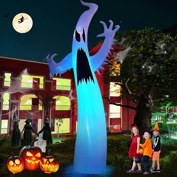 Kalolary 12FT Halloween Inflatables Scary Ghost Color Flashing Blow Up Skeleton Ghost, Outdoor Yard Inflatable Decoration with Multi-Colored LED Lights