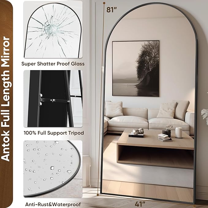 Full Length Mirror, 81"x41" Arched Floor Mirror Freestanding, Full Body Mirror Floor Standing Mirrors with Stand for Bedroom, Hanging Mounted Mirrors for Living Room Cloakroom, Black