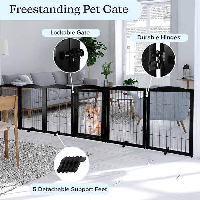 Pet Gate - 6-Panel Indoor Folding Dog Fence for Stairs or Doorways - 133x32-Inch Freestanding Play Pen with Support Feet by PETMAKER (Black)