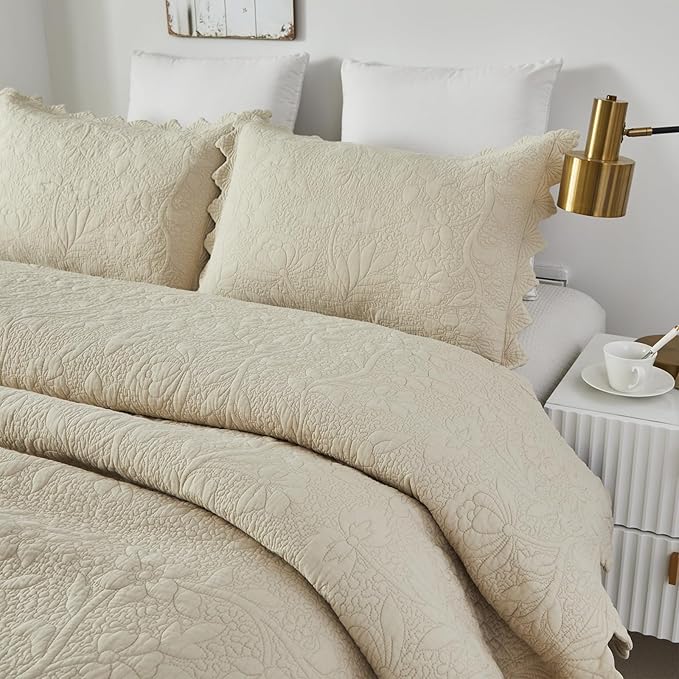 Brandream Queen Size Quilt Set Cotton Beige Quilts Luxury Farmhouse Bedding Set Matelasse Coverlet Scalloped Quilt Set 3-Piece