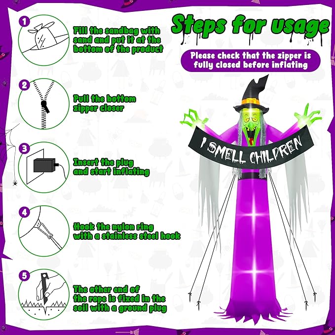 13FT Halloween Outdoor Inflatables, Scary Blow Up Witch Holding I Smell Children Banner, Pre-lit Witch Inflatables Decor, Giant Halloween Outdoor Decorations for Party Garden Lawn