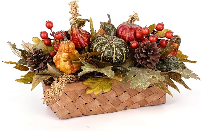 Fall Decor - Faux Pumpkins, Pine Cones, Berries and Maple Leaves in Rectangular Woven Basket for Table Centerpiece, Shelf, Mantel - Autumn Thanksgiving Arrangement for Home Indoor Outdoor - 14" Long