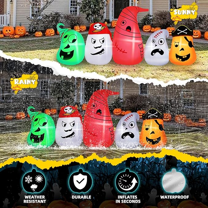 B&D 8FT Long Halloween Inflatables Ghost Outdoor Decorations, 5 Pirate Ghosts Inflatable Halloween Decorations with Color Changing RGB Lights Halloween Blow Ups for Party, Garden, Yard, Lawn Decor