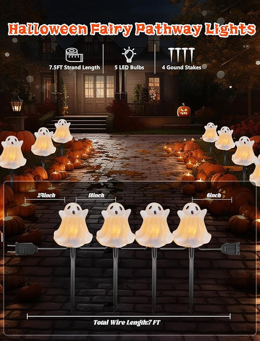 Halloween Pathway Lights Outdoor Decorations, 4PCS 3D Light-Up Ghost Garden Stake Lights, Waterproof Outdoor Lights for Yard, Lawn, Driveway, Halloween Decor