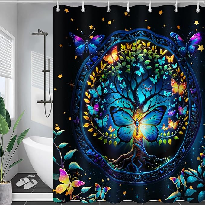 AILONEN Tree of Life Shower Curtain for Bathroom,Glowing Butterfly Starry Bath Curtain,Modern Tree Floral Print Curtain Decoration Waterproof with 12 Plastic Hooks for Boys Girls Adults 72" W*78" H