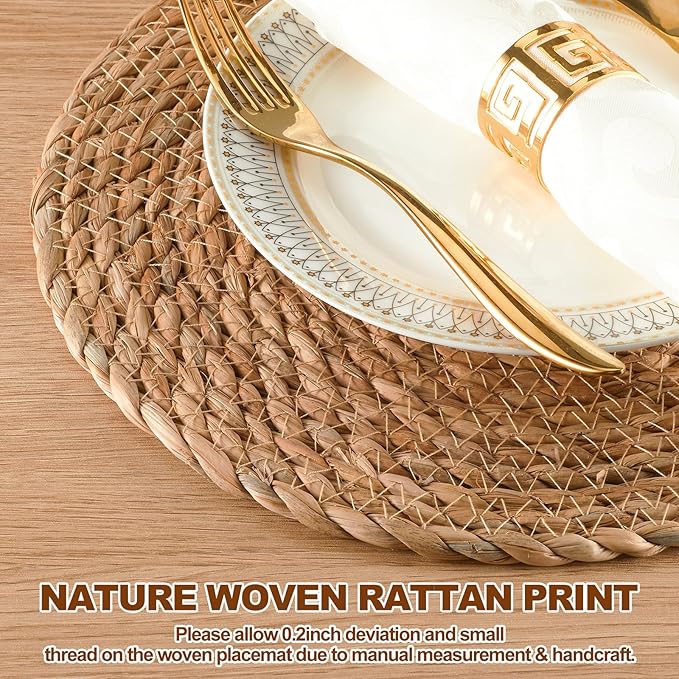 Round Woven Placemats - Boho Rattan Natural Water Hyacinth, Farmhouse Weave Place Mats, Rustic Braided Wicker Table Mats for Dining Table, Home, Wedding (13 Inch Set of 8)