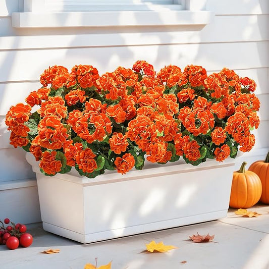 Fake Geraniums Artificial Flowers for Outdoors Fall Autumn Decoration, 6 Bundles Silk Geraniums UV Resistant Look Real Orange Faux Flowers Plants for Front Door Garden Planter Patio Balcony Yard Home