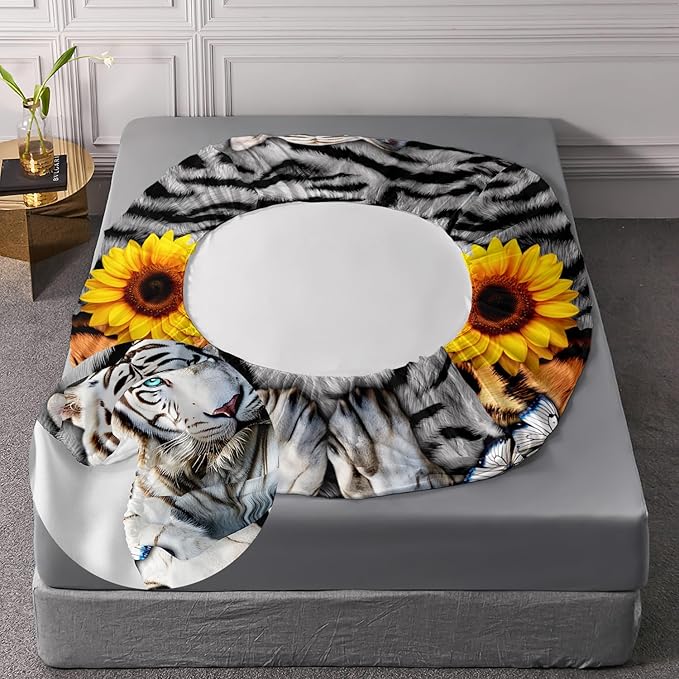 AILONEN Tiger Fitted Sheet Set Full Size, 3 Pieces White Tiger Fur Printed Bed Sheet Set,Kids Boys Girls Sunflower Tiger Sheet Set,Butterfly Tiger Fitted Sheet with 2 Pillowcases