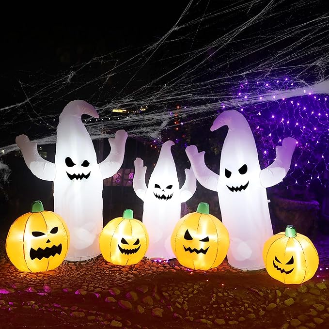 SAND MINE 8 FT Long Lighted Halloween Inflatable Ghosts with Pumpkins, Halloween Blow Up Decorations for Halloween Indoor Outdoor Garden Lawn Party Yard Decorations