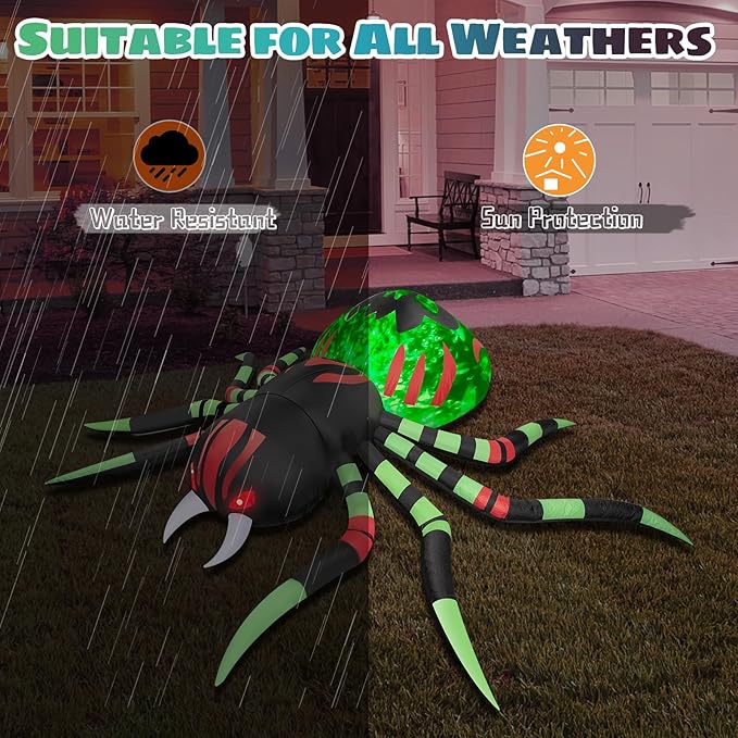 8FT Halloween Inflatables Spider Outdoor Decorations for Yard, Giant Blow up Green Spider with Rotating Fire Flame Light, Large Spooky Spider for Halloween Party Garden Lawn House Holiday Decor