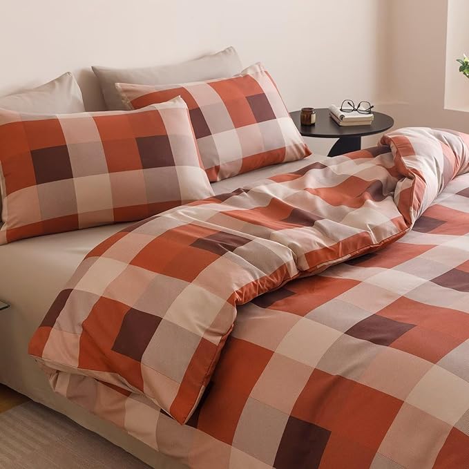 Cottonight Checkered Red Comforter Set Full Gingham Grid Bedding Set Red and Khaki Grid Comforter Fluffy Soft Bedding Set Kids Teens Full Comforter with 2 Pillowcases