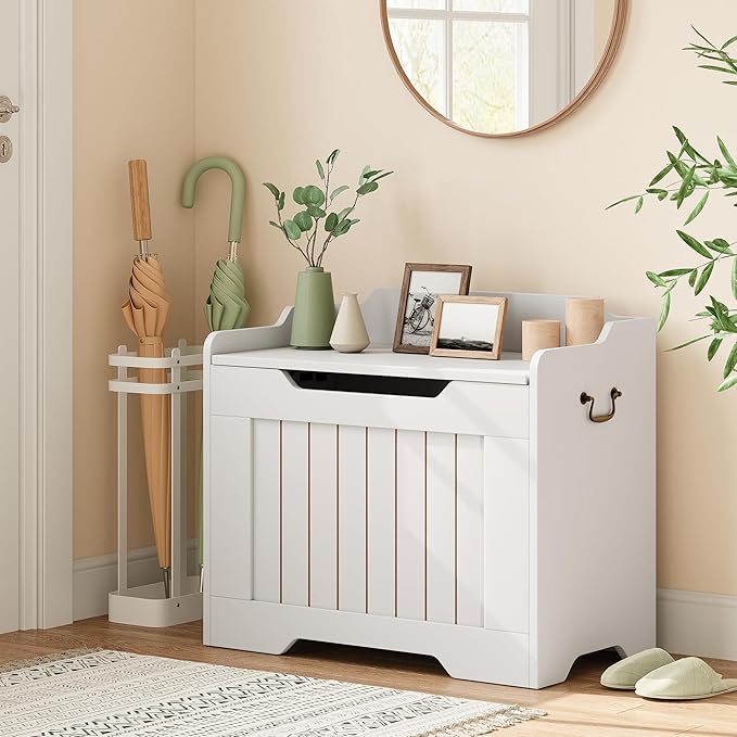 IDEALHOUSE Storage Chest, 24.8" Toy Chest for Boys Girls, Kids Wood Large Toy Box, Storage Bench with Safety Hinge,Storage Trunk for Entryway, Living Room, Bedroom, Playroom, White