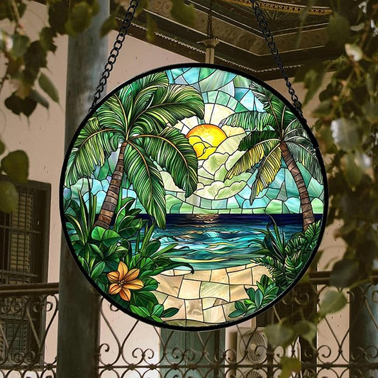 Stained Glass Window Hanging, Green Beach Scenery Suncatcher Diamond Glass Panel Hangings Sun Catchers Decor for Birthday for Women, Men, Wife, Aunt, and Mom 14.9x14.9 in