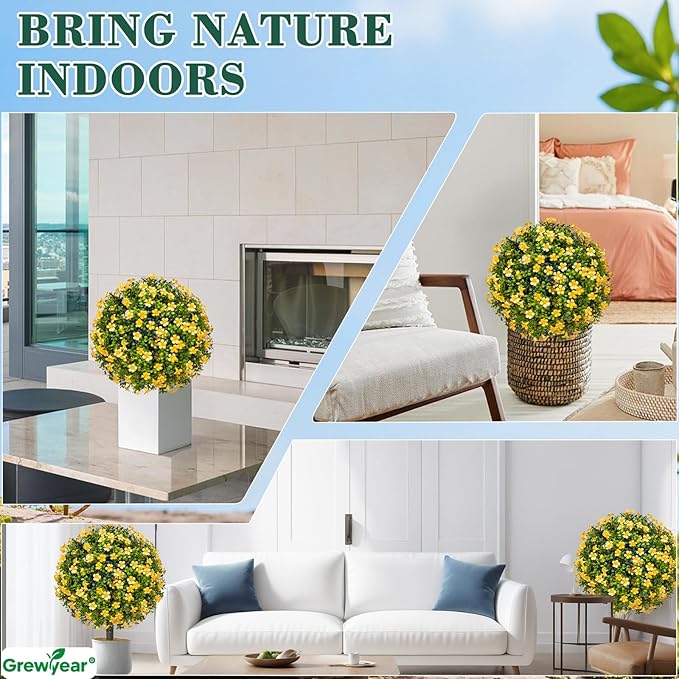 Artificial Topiary Ball Trees with Spike Set of 2, Fall Faux Boxwood Plants for Outdoor Planters, UV Resistant Artificial Outdoor Shrubs, Fake Bushes for Porch, Garden, Patio Decor