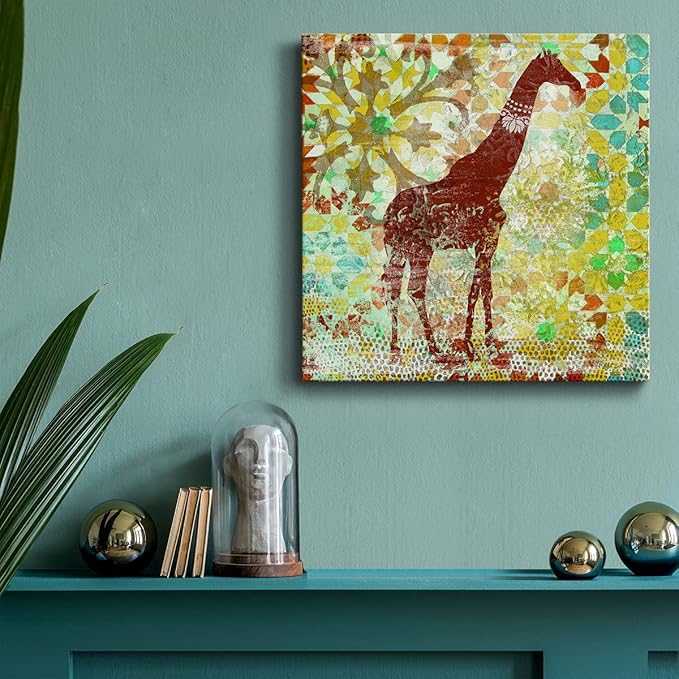 Cute Animals Artwork Abstract Colorful Painting Wall Art on Canvas, Bali Giraffe Wall Art, Ready to Hang, 10'' x 10''
