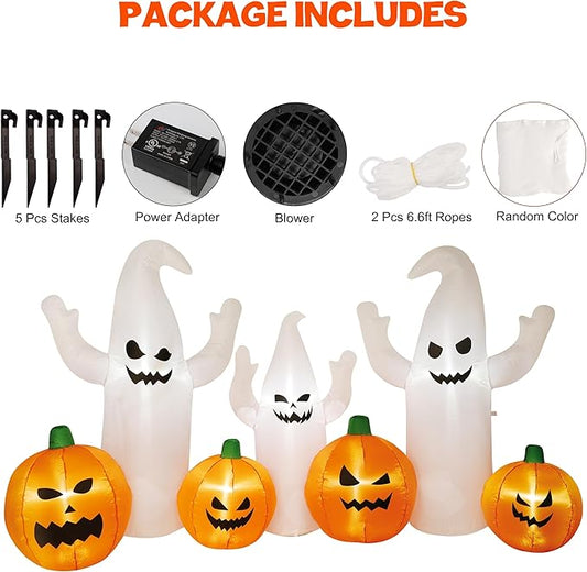 SAND MINE 8 FT Long Lighted Halloween Inflatable Ghosts with Pumpkins, Halloween Blow Up Decorations for Halloween Indoor Outdoor Garden Lawn Party Yard Decorations