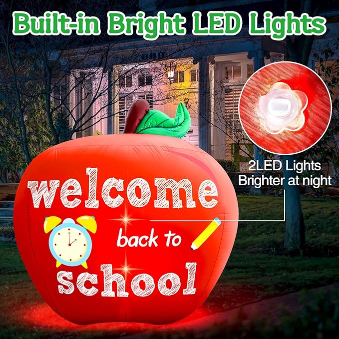 Back to School Inflatable Outdoor Decorations:4.9FT Back to School Decor Built in 2 Bright LED Lights for Classroom Decor Blow up Yard Inflatable Decorations for First Day of School Party Garden Lawn