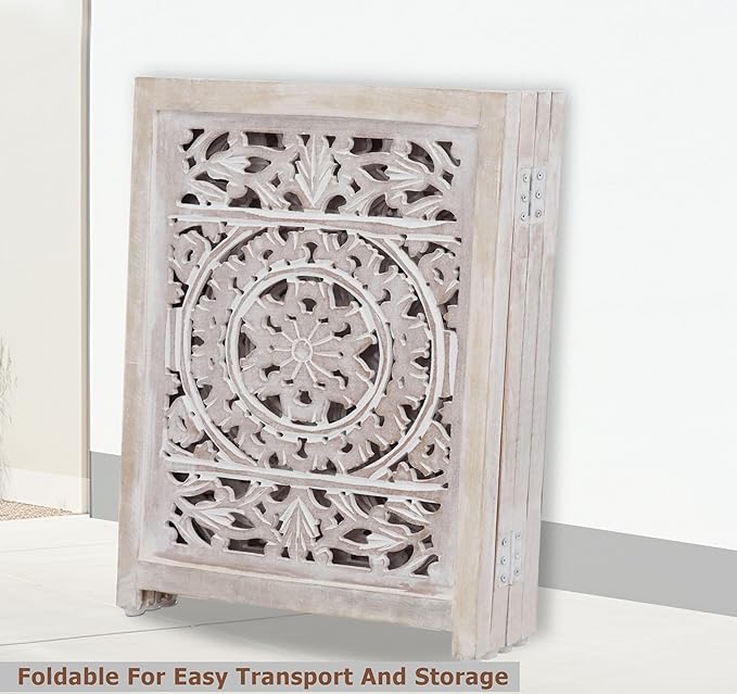 Wooden Foldable Pet Dog Safety Gate - 4 Panel 20" W x 24" H - Hand Carved Suzani Free Standing Portable Indoor Puppy Gate - Doorway Hall Stairs Dog Fence - Assembled - White Wash - IRONGATE