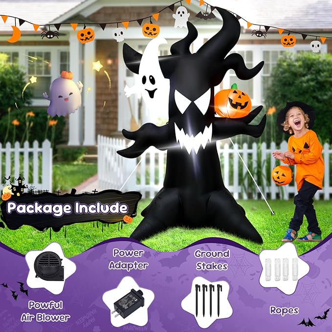 Spooky 6FT Halloween Inflatable Decor Ghost Tree with Pumpkin Indoor Outdoor Haunted Yard Decoration with LED Lights, Halloween Blow Up Lawn Garden Party Decorations