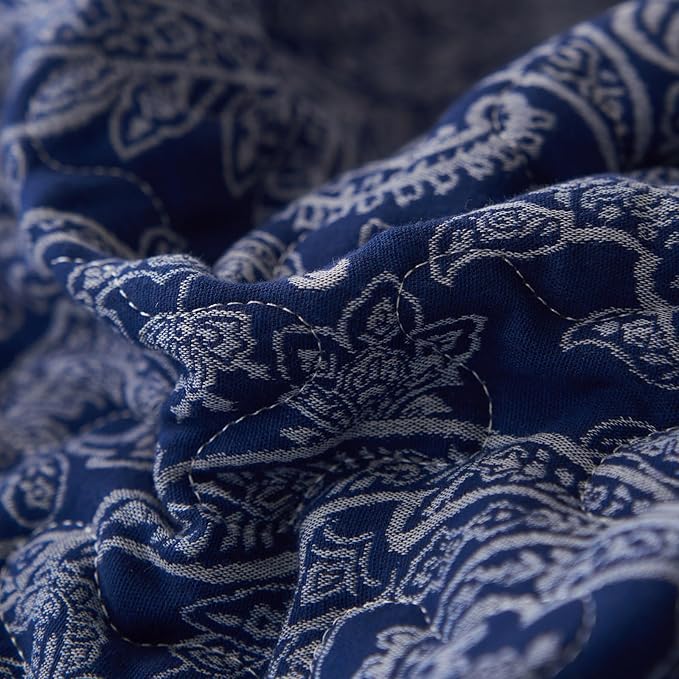 mixinni Navy Blue Floral King Size Quilt Set Soft Cotton Double-Layer Neutral Style Paisley Quilt Bedding Set Farmhouse Bedspread Coverlet Sets, 3-Pieces Including Pillow Shams (106x96 Inches)