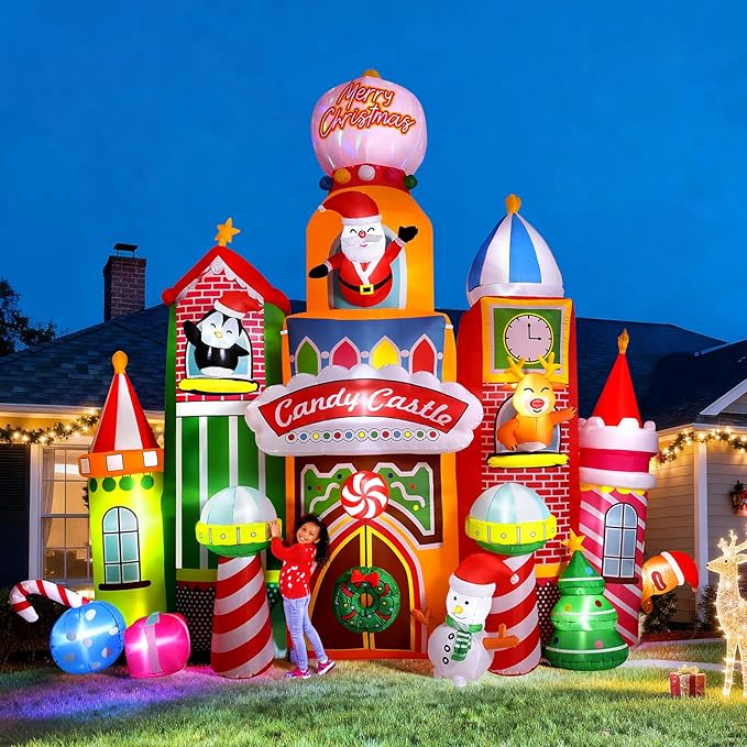 13.5 FT Tall Candy Castle Christmas Inflatables Outdoor Decorations, Blow Up Christmas Decorations with Built-in Rotating Light for Garden Lawn Xmas Decor