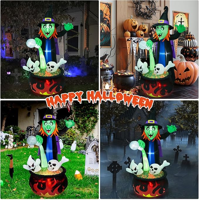 CAMULAND Halloween Decorations Outdoor, Halloween Inflatable Blow Up Witch Pouring Magic Water Decor with Built-in LED Lights Trick or Treat for Indoor Lawns Yards Party Home