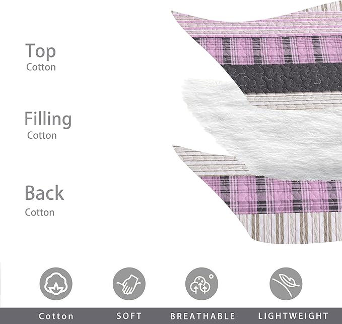 Homzard Queen Comforter Set,Cotton Quilts Queen Size,Pink Black Beige Bedding,Plaid Striped Bedspread,Lightweight Reversible Coverlet All Season 3 Pieces