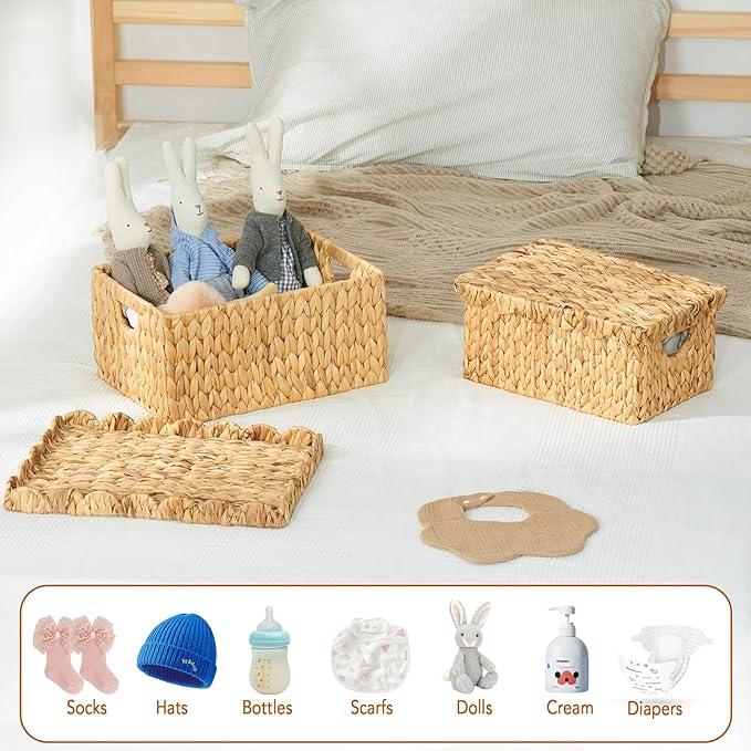 FairyHaus Wicker Basket with Lid, Scalloped Wicker Storage Basket with Removable Tray Lid, Handwoven Natural Water Hyacinth Bakests with Handles for Nursery 2Pack, 15 x 11.22 x 7 & 13 x 9.45 x 5.9