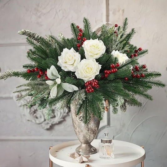 12Pcs/84Pcs Christmas Artificial Pine Branches with Red Berry Stems, 18‘’ Faux Greenery Christmas Picks, Real Touch Fake Floral Leaves Branch for Xmas Decorations Indoor DIY Craft Garland Home Decor