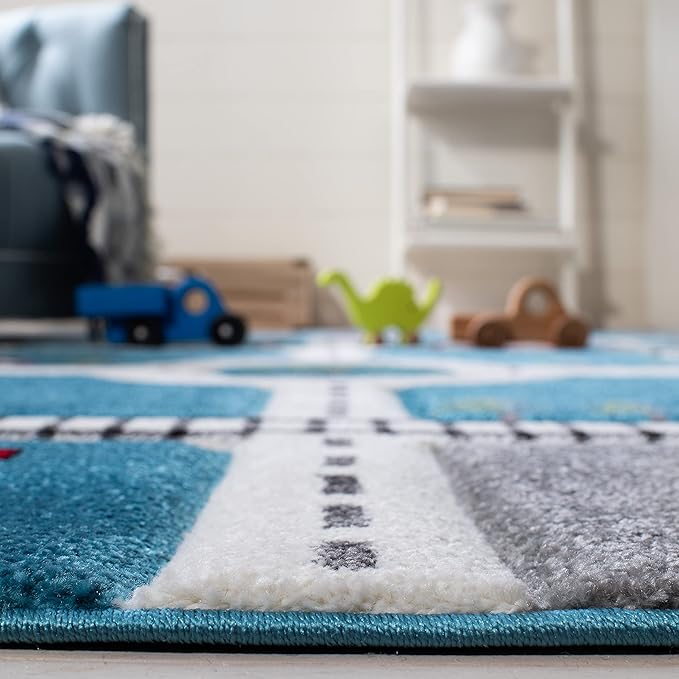 Safavieh Carousel Kids Collection 5'3" Square Turquoise/Ivory CRK192K Neighborhood Non-Shedding Nursery Playroom Area Rug