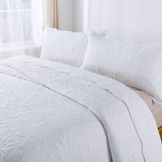 HoneiLife Quilt Set Queen Size - 3 Piece Embroidered Microfiber Bedspread Reversible Coverlet Lightweight Bedcover Paisley Pattern Bedding Set All Season Quilts-White