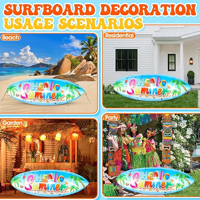 Eyourlife 5 FT Hello Summer Surfboard Inflatable, Outdoor Blow Up Yard Decoration with Built-in 3 LED Lights, Summer Luau Party Decorations for Pool Holiday Garden Lawn Patio Tropical Beach