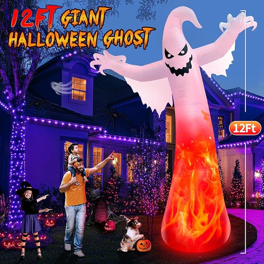 12FT Giant Halloween Inflatables Ghost with 3-Colored Flame Rotation LED Lights, Huge Spooky Halloween Decoration Outdoor Large Halloween Blow Up Yard Decorations Tall Blow-ups for Lawn Party (1PCS)