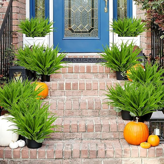 Artificial Fake Grass, 24 PCS Outdoor Faux Grasses Plastic Plants Greenery UV Resistant for Outside Home Windowbox Garden Office Patio Hanging Planter Front Porch Spring Décor (Green)