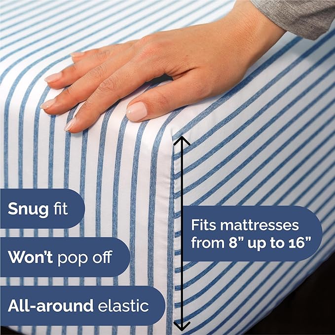 CGK Linens King 6 Piece Sheet Set - Cooling Sheets for Hot Sleepers - Hotel Luxury Bedding Set with 8-16 Inch Deep Pockets - 1 Flat & 1 Fitted & 4 Pillowcases - Soft and Wrinkle Free - Blue Stripes