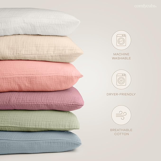 Comfy Cubs Toddler Pillow with Soft Muslin Pillowcase, 13"x18", Cream - Kids Pillow for Sleeping & Travel - Adorable & Comfortable Small Pillow - Kids Travel Pillow with Breathable Microfiber Fill