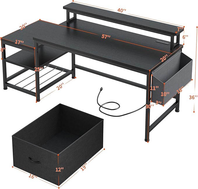 EnHomee 57" Computer Desk with Drawers and Printer Space,Office Desk with Power Outlets,Home Office Desks with File Drawers Cabinet,Study Writing and Gaming Desk with Shelves Monitor Stand,Black