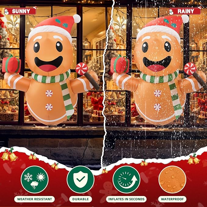 B&D 4FT Christmas Inflatables Gingerbread Man Lean Out from Window Outdoor Decorations, Christmas Window Inflatable Gingerbread Blow Up Yard Decorations Built-in LED Lights for Indoor Lawn Yard Garden