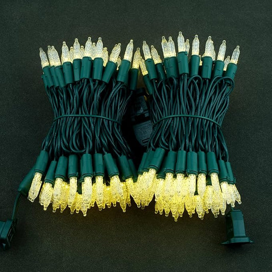 YULETIME Warm White Faceted LED Christmas Lights 200 Count 50 ft, Pack of 2 Strands 25 ft 100 Lights UL Certified Commercial Grade Green Wire Holiday String Light Set (Warm White)