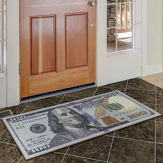 Machine Washable $100 Bill Design Cotton 22x53 Flatweave Runner Rug for Laundry Room, Bedroom, 22" x 53", Multicolor