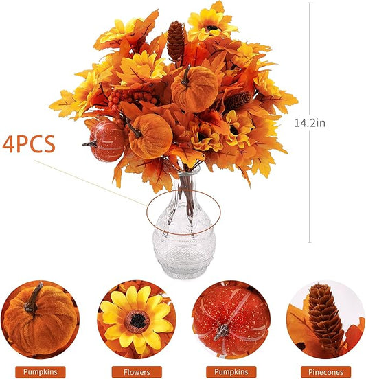 PARTY JOY 4Pcs Artificial Maple Leaf Pumpkin Branch with Berry and Sun Flowers, Autumn Floral Branch for DIY Arrangment Decor
