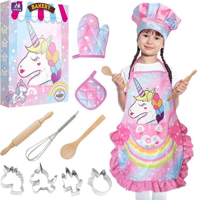 Vanmor Unicorn Kids Cooking and Baking Sets, 11Pcs Kids Aprons for Girls, Kids Chef Hat and Pink Apron, Mitt & Utensil for Toddler Dress Up Chef Costume Birthday Gifts for 3 4 5 6 7 8 Years Old Girls