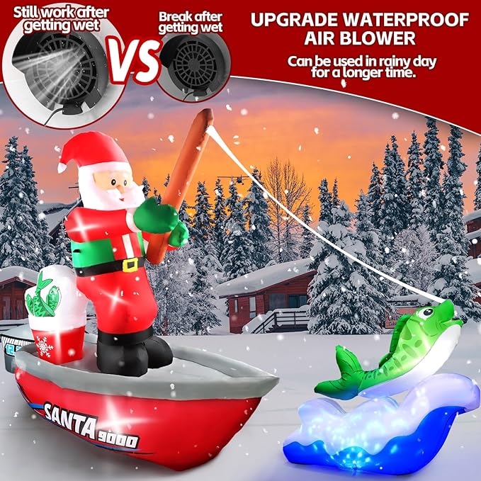 Kalolary 15FT Long Christmas Inflatables Fishing Santa Claus, Santa Inflatables Blow Up Yard Outdoor Decorations with Built-in Rotating Blue LED Lights for Xmas Party Yard Garden Lawn Indoor Decors