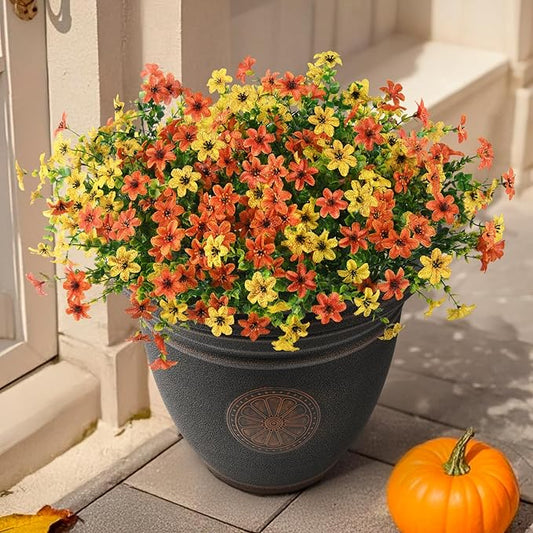 Artificial Mums Fake Fall Flowers for Outdoors Decoration, 12 Bundles Realistic Autumn Silk Daisy Faux Plants UV Resistant Decor for Home Garden Porch Patio Yard Balcony Window (Orange Yellow)