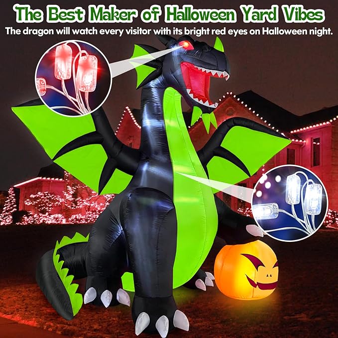 9FT Tall Halloween Inflatables Decorations Outdoor Large Scary Blow Up Pumpkin Dragon, Giant Funny Spooky Light Up Blowups Decor Huge Cute Happy Trick or Treat Outside, Indoor, Entrance, Lawn