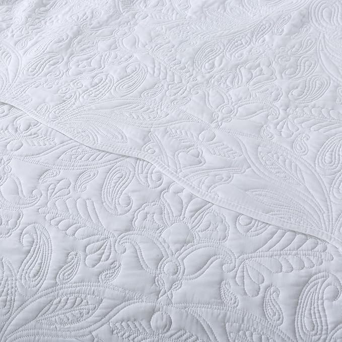 HoneiLife Oversized Queen Bedspreads 110x106- Queen Size Quilt Bedding Sets 3-Piece, Paisley Coverlets Lightweight Bedlinen Set for All Season Use-White