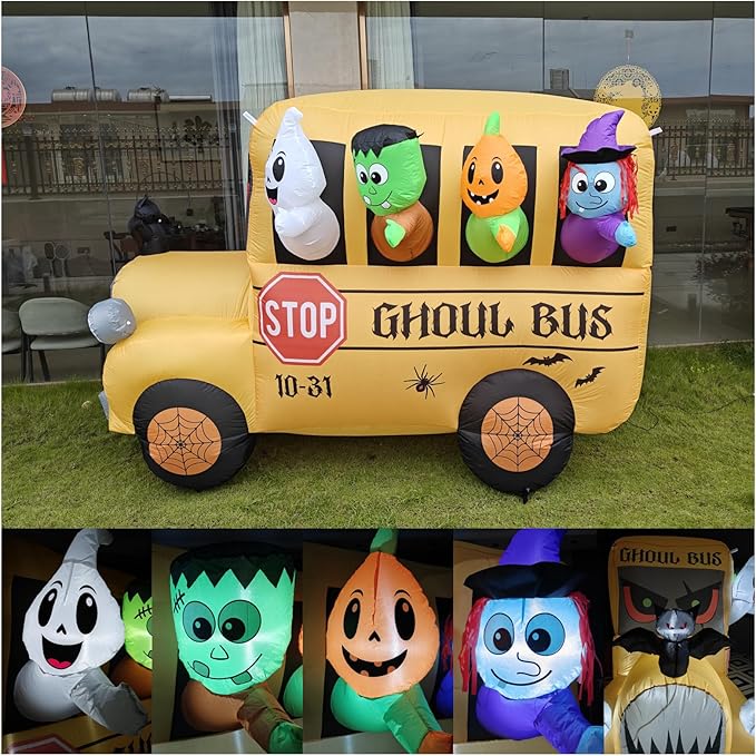 8FT Halloween Inflatable Ghoul Bus with LED Lights - Giant Haunted School Bus Yard Decoration for Outdoor Halloween Party, Haunted House, Trick or Treat Decor (Ghost, Pumpkin, Witch Design)