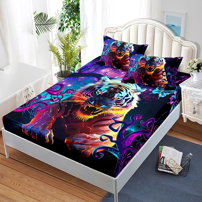 AILONEN Tiger Fitted Sheet Set Full Size, Purple Magic Forest Fierce Tiger Bed Sheet Set for Boys Girls,Howling Tiger Soft Breathable Fitted Sheet and 2 Pillowcases,3 Pieces